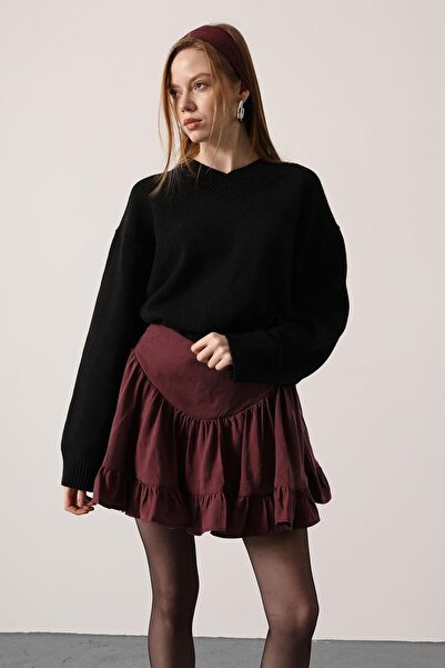 Trend Alaçatı Stili Women's burgundy tiered ruffle mini skirt alc-x15075