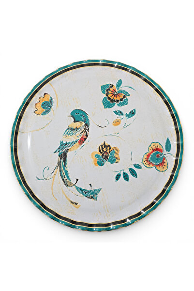Sudedi Home Bird of Paradise Patterned Real Gold Gilded Glass Tray 31 cm Gift