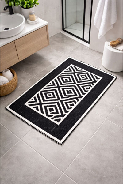 INTERIOR DESIGN Black and White Geometric Cotton Rug - for Bathroom or Entrance