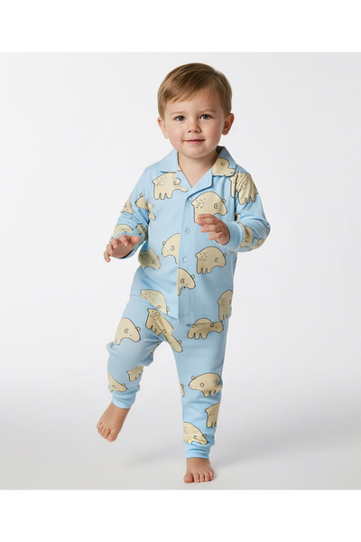 Bonfino طقم بيجاما مطبوع دب مصنوع من القطن بنسبة 100% - أزرق فاتح