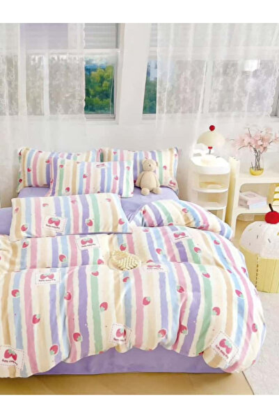 FIONNA.RO Cocolino 4-Piece Bed Linen with Elastic - Lilac with Stripes and St...
