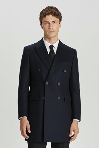 Sabri Özel Giotelli Lacivert Slim Fit Yünlü Sivri Yaka Kruvaze Palto