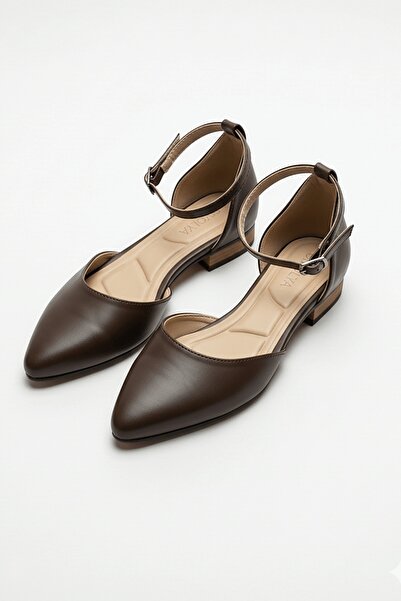DURUNUN BUTİĞİ Folder Brown (2 cm Heeled) Ankle Strap Pointed Toe Daily Balle...
