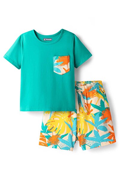 Pine kids طقم نوم قصير بأكمام نصفية من قماش جيرسي محبوك بنقشة أوراق الشجر - م...