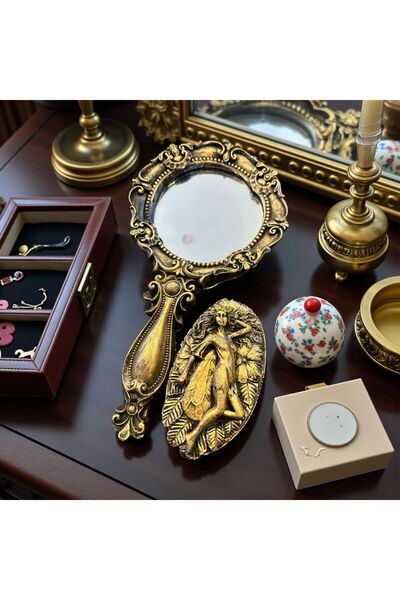 Peramari Dekoratif Polyester Takı Setli Makyaj El Aynası Gold Siyah Eskitme