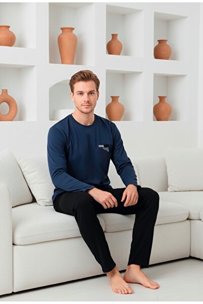 LİLA İÇ GİYİM Set pijamale pentru bărbați cu mânecă lungă și broderie din mat...