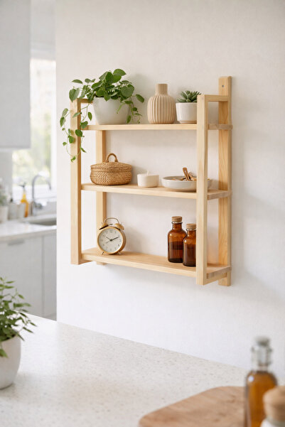 ITERRA Masif Çam Ahşap 3 Raflı Duvar Rafı