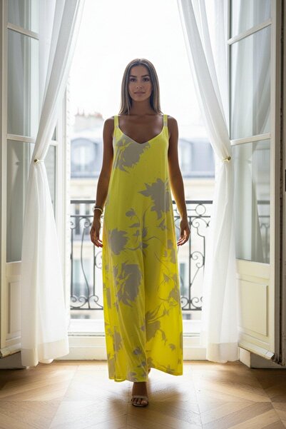 Mossta V-Neck Patterned Maxi Length Strappy Single Jersey Dress - Yellow