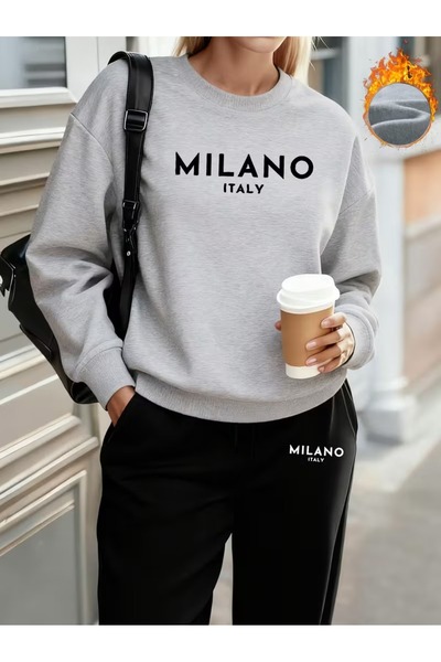 WOODROFFE Women's Crew Neck Milano Printed Bottom Top Gray/Black Tracksuit Se...