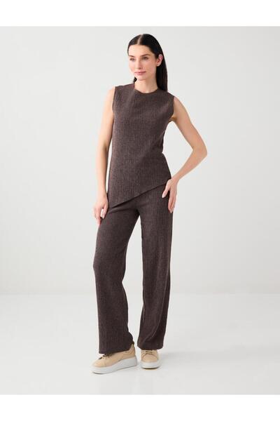 Jimmy Key Coffee Melange Wide Leg Regular Waist Long Knitted Trousers