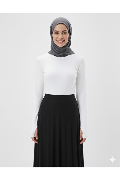 LADY HAZAL Black Crew Neck Slim Fit Cotton Finger-Looped Blouse Oversized Hij...