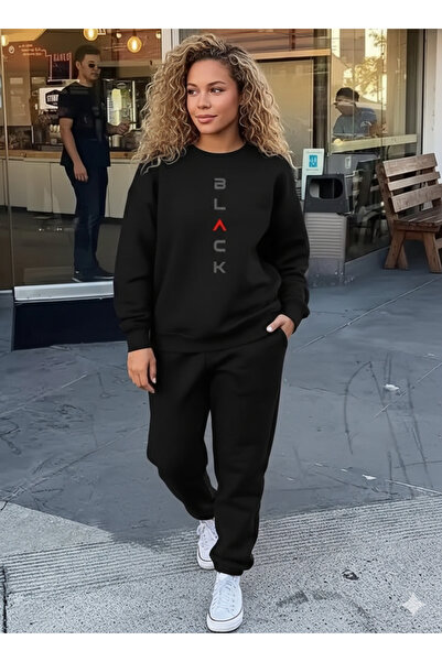 WOODROFFE Women'S/Men's Black Printed Crew Neck Grey/Black Oversized Tracksui...