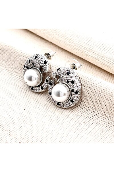 Siya Silver سلسلة خاصة من أقراط الزركون على شكل فهد مرصعة باللؤلؤ - مع علبة ه...