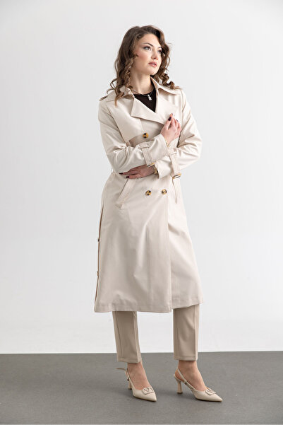 TUĞBA ERGÜL Women's Transitional Double-Breasted Collared Trench Coat