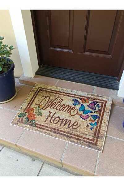 TASARIM RÜZGARI Welcome Home yazılı açık renk dekoratif Kapı Önü Paspası