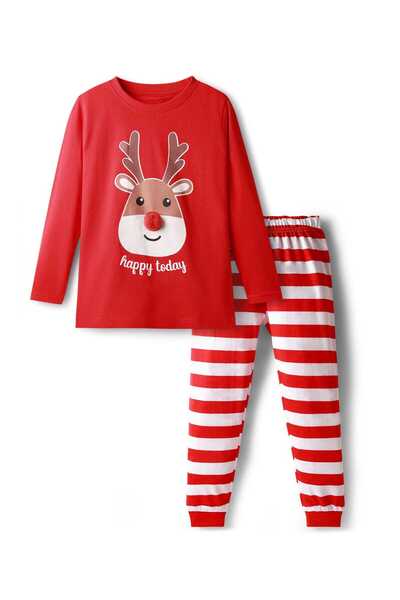 Babyhug Cotton Knit Full Sleeves Night Suit with Reindeer & Stripe Print - Re...
