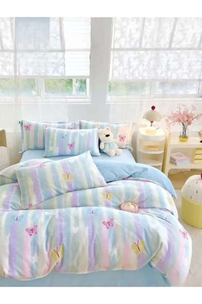 FIONNA.RO Cocolino 4-Piece Bed Linen with Elastic - Blue with Stripes and But...