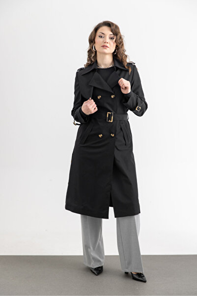TUĞBA ERGÜL Women's Transitional Double-Breasted Collared Trench Coat