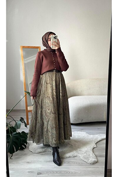 Muennesofi Yeşil Şal Desen Şifon Etek