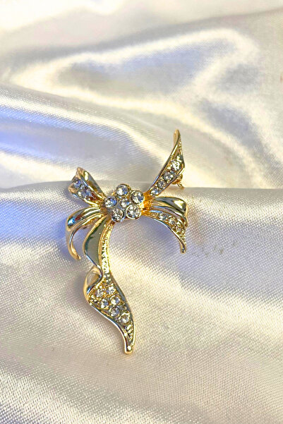 Luxe Loom Zarafetin Işıltısı Gold Renk Zirkon Taşlı Fiyonk Figürlü Şık Broş