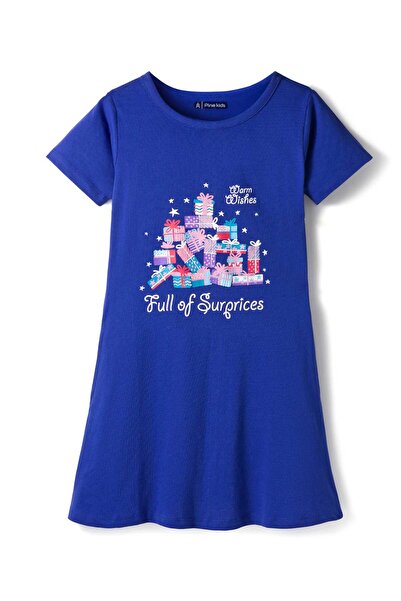 Pine kids Cotton Knit Half Sleeves Nighty with Text Print - Blue