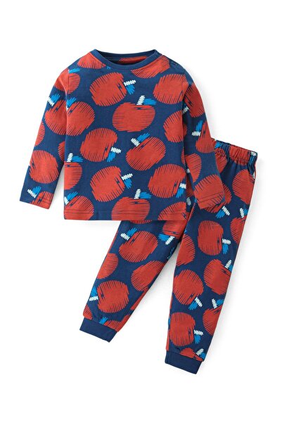 Babyhug Cotton Knit Full Sleeves Night Suit With Apples Print - Red & Navy