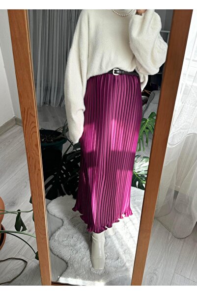 Muennesofi Mürdüm İnce Pileli Saten Etek