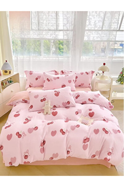 FIONNA.RO Cocolino 4-Piece Bed Linen with Elastic - Pink with Cherries and He...
