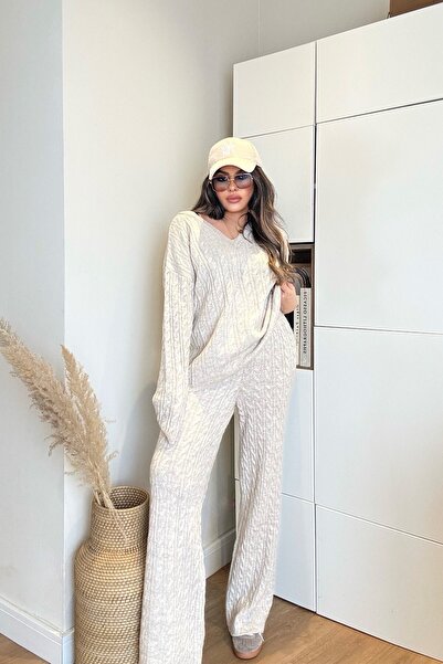 Sohotique By P Set de tricotaje cu decolteu în V, împletit, Stone