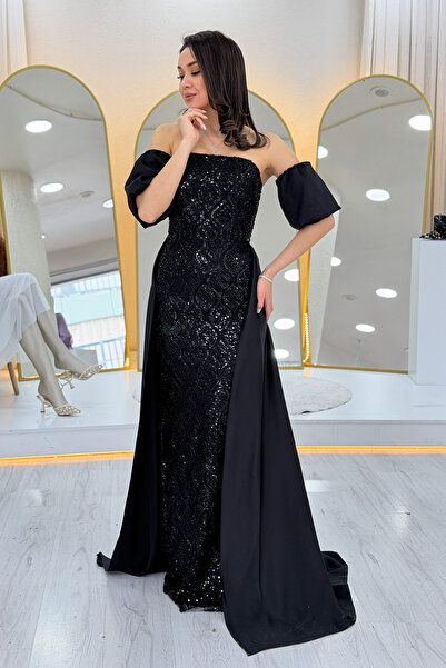 zks grup tekstil Women's Satin Tailcoat Detachable Sleeve Detailed Evening Dr...