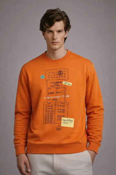 COMBİNE MİCHAİL Men's Casual Front Printed Orange Sweatshirt