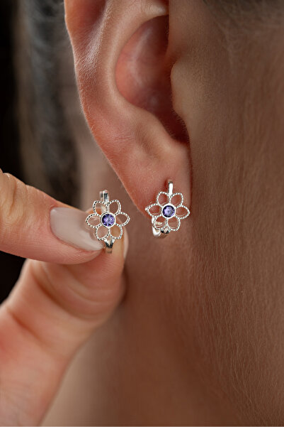 Silvano Jewelry 925 Ayar Gümüş Ametist Taşlı Çiçek Çocuk Küpe
