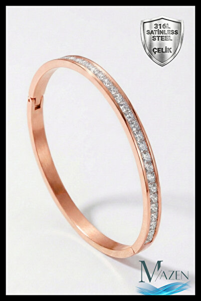 MAZEN Roz Renk Gömme Sıralı Taşlı 316L Çelik Kelepçe Bileklik | Kararma Yapma...
