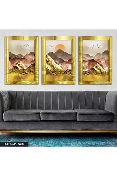Evinemoda Muntele de Aur și Păsări - Tablou din Plexiglas Auriu cu 3 Piese și...