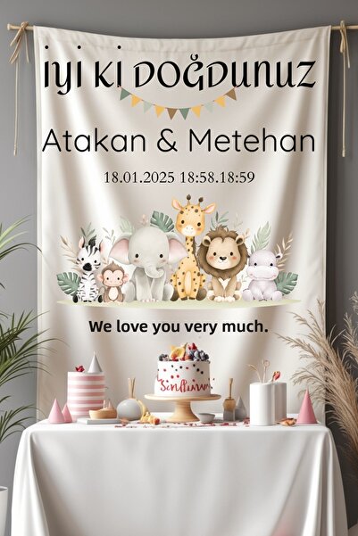 Puppetzzz لافتة عيد ميلاد كبيرة الحجم بتصميم السفاري خاصة للأخ والأخت والتوائم