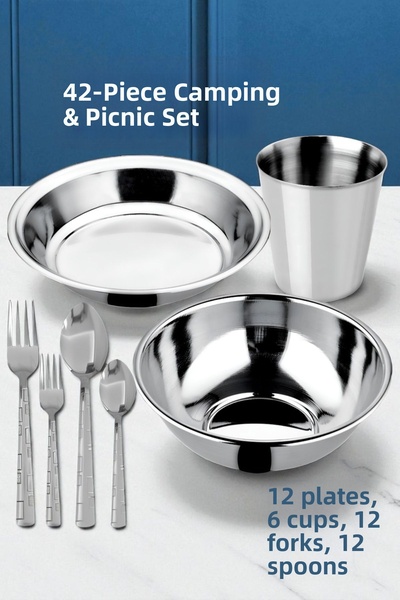 Transformacion طقم أطباق وأكواب وشوك وملاعق مكون من 42 قطعة، طقم للتخييم والن...