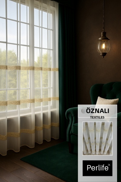 perlife Perdele clasică de lux din tul – 3 rânduri de broderie, cu broderie p...