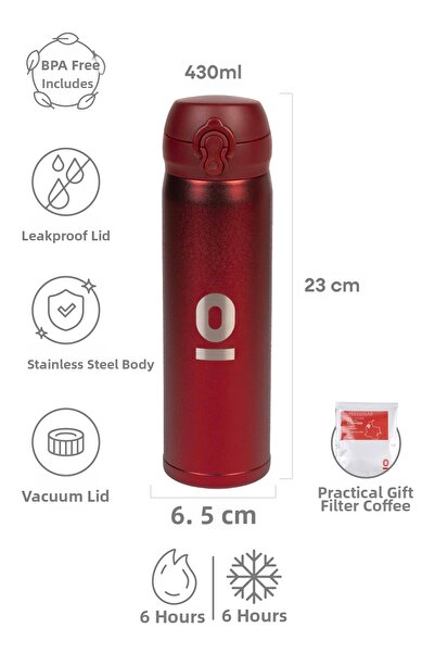 Espressolab Red Textured Stainless Steel Thermos 430 ml with Lid No:105