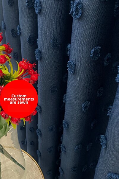 Perde Pendik Background Curtain Navy Blue Puffy with Tassels, Pom-Poms, Curta...