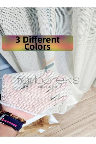 farbateks 2 Layer Pleated Mink Beige Tulle Kitchen Curtain - Mesh Design