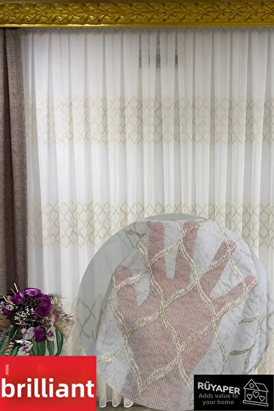 Brillant Seria italiană Cortina din tul brodat cu aur pe fundal ecru, potrivi...