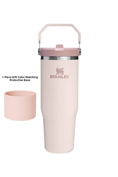 Stanley 0.89 لتر كوب ترمس آيس فلو مع ماصة وقاعدة وردية اللون مع هدية