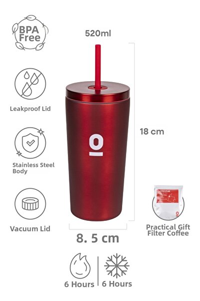 Espressolab Red Metal Stainless Steel Thermos with Straw 520 ml with Lid No:95
