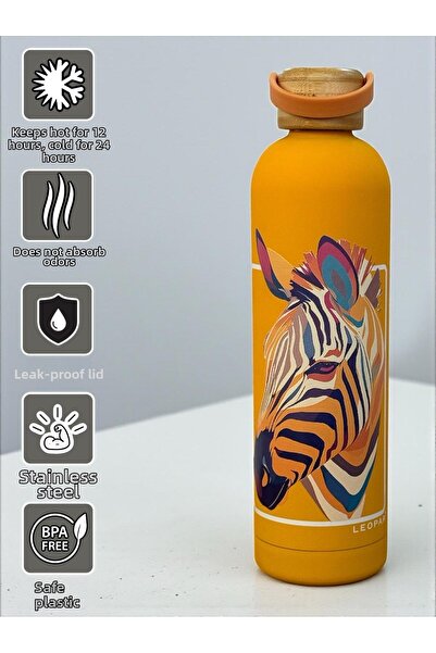 SANALTİCARETİM ترمس ستانلس ستيل سعة 500 مل مع غطاء من الخيزران ونقش حمار وحشي...