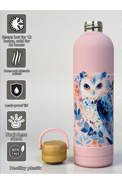 SANALTİCARETİM ترمس ستانلس ستيل سعة 1000 مل مع غطاء من الخيزران وشكل بومة وردية