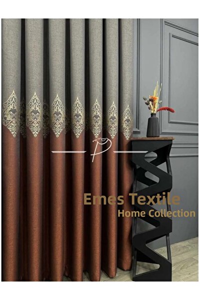 Perde Pendik Evora Patterned Background Curtain - Brick Color, Close Pleated ...