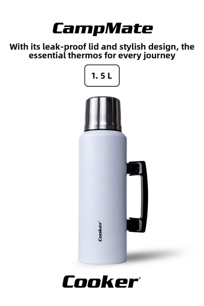 Cooker ترمس فولاذي CKR2085 سعة 1.5 لتر بطبقة مزدوجة مع مقبض باللون الأبيض
