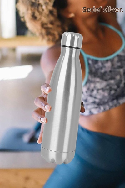 SEDEF SİLVER Bottle Shaped Double Layer Hand-Free 500 Ml Bottle Type Steel Th...