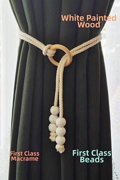 Armashine Legătură pentru perdea din macrame cu mărgele, cu inel din lemn alb...