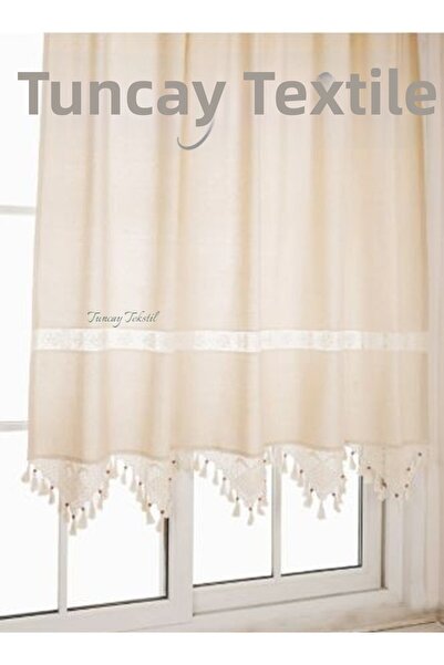 TUNCAY TEKSTİL Buldan Work Curtain Plain Linen Fabric Hand Lace Natural Woven...